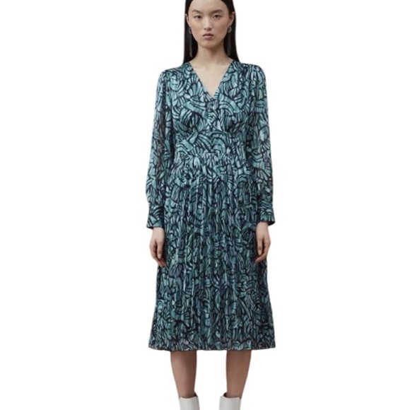 SUNCOO Celya Midi Dress Green Floral Pleated Smocked Fairy Goblincore XS - Picture 1 of 14